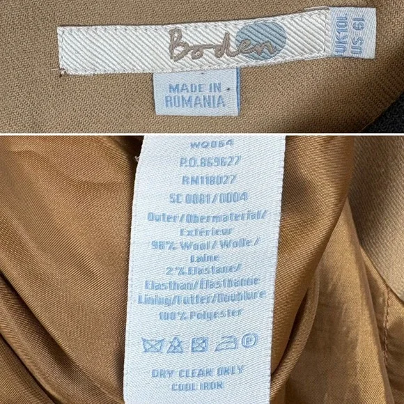 Boden Tan Wool Dress Black Tipped Size 6L Camel Striping Midi Classic Old Money - Picture 15 of 17